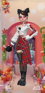 Chie in a daring low-cut white blouse, red plaid skirt, double bun hairdo, and red lightning bolt-shaped sunglasses