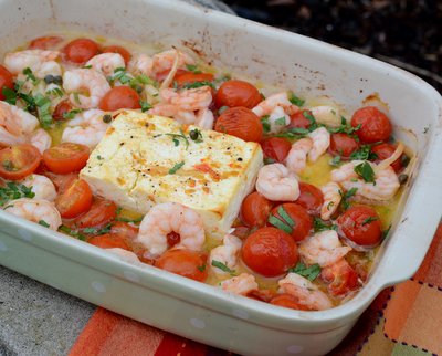 Warm Baked Feta & Tomatoes with Shrimp ♥ KitchenParade.com. TikTok phenomenon worth the hype as an appetizer, casual meal or pasta feast.