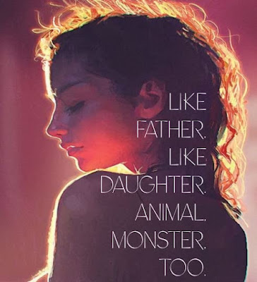 Warm backlit painting of a young woman naked from the torso up the caption reads Like Father Like Daughter Animal Monster Too