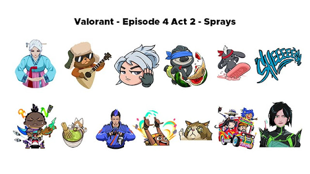 Valorant Episode 4 Act 2 sprays: All Aboard, Crying Mance, Hang Loose, Many Thanks, Matcha Break, Pros Don't Fake, Sheeeeesh, Slipping Away, Splitting Melons, Stop!, Tactibear's Balalaika, Take a Bow, and Woke Up Thinking Lineups