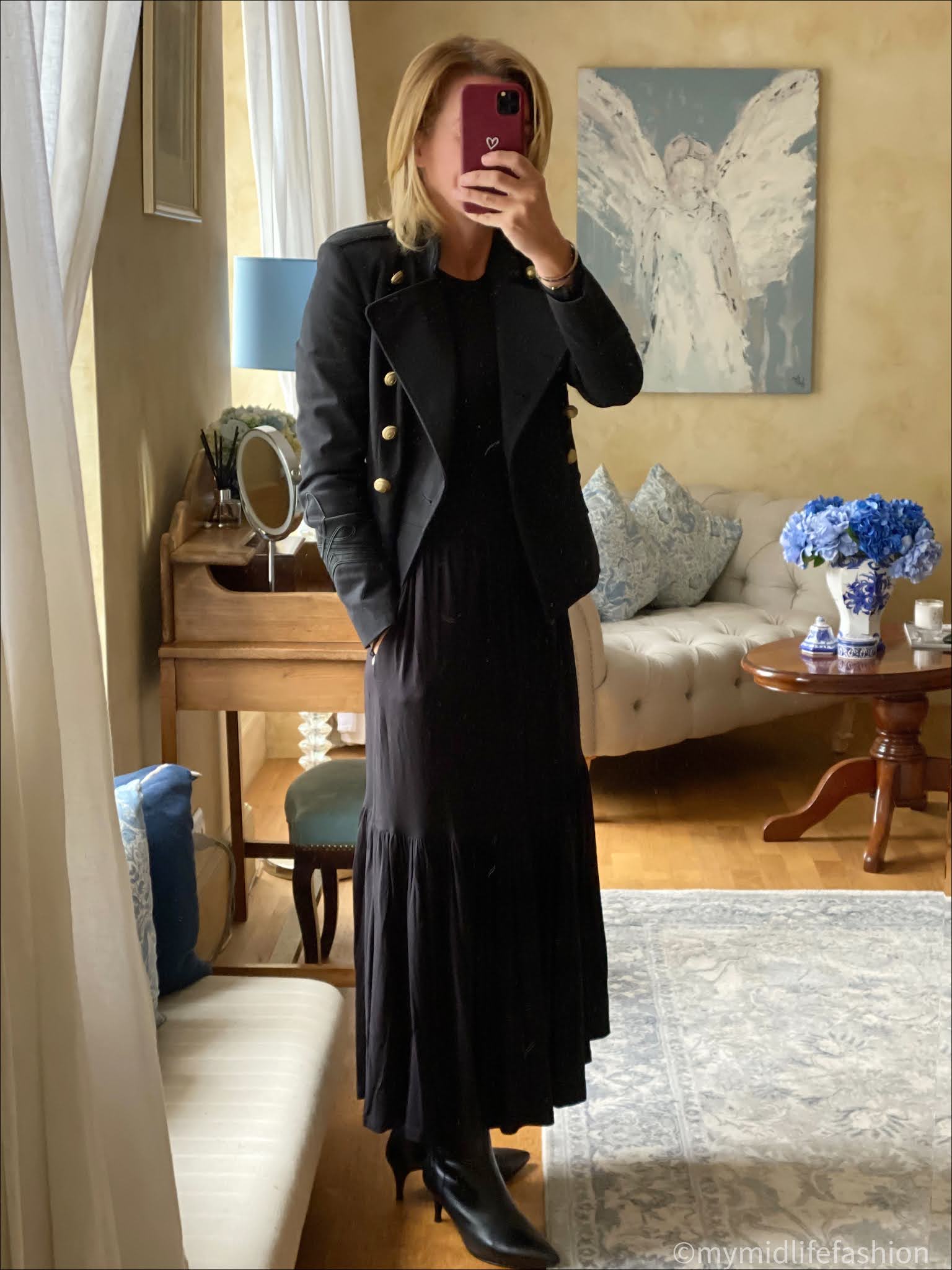 my midlife fashion, saint and Sofia greenwich dress, Isabel Marant Etoile military jacket, sole bliss kitten heel ankle boots