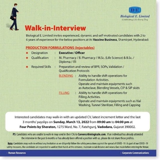 Biological E | Walk-in interview at Vadodara for Production on 13th March 2022