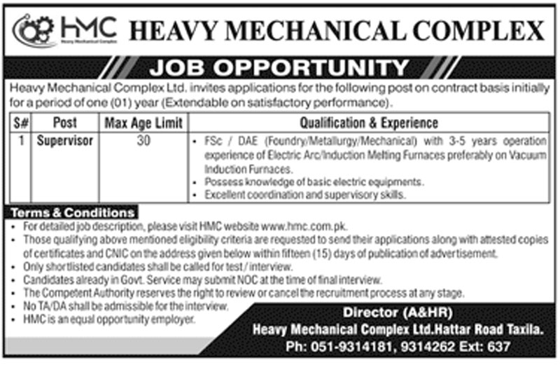 Heavy Mechanical Complex HMC Jobs 2021 – Apply Online via www.hmc.com.pk