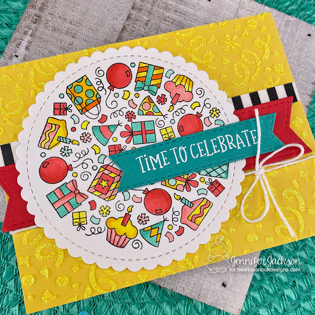 Time to Celebrate! Birthday Card by Jennifer Jackson | Birthday Roundabout Stamp Set, Circle Frames Die Set, Banner Trio Die Set and Confetti Stencil by Newton's Nook Designs