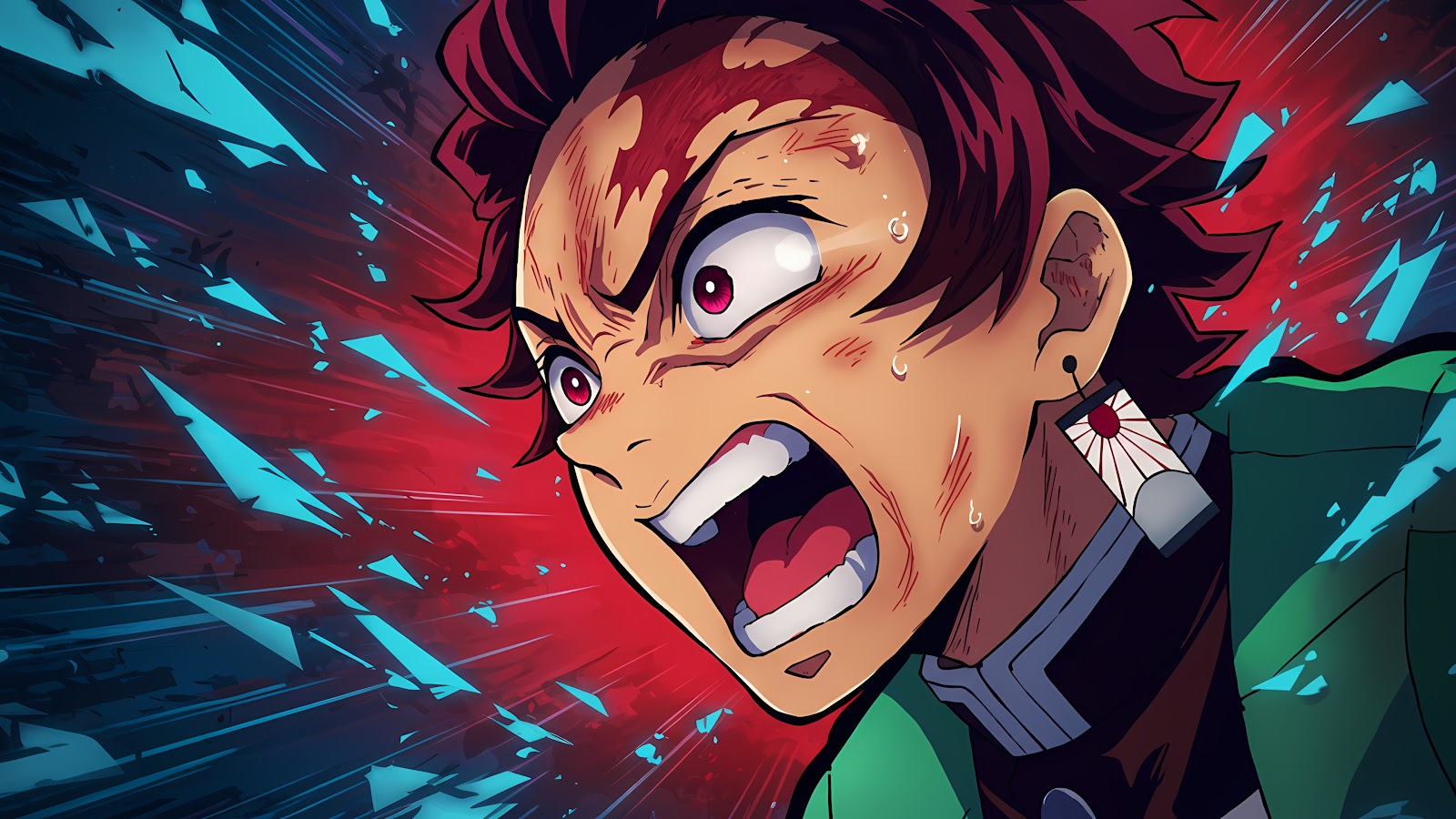Close-up illustration of Tanjiro Kamado from Demon Slayer: Kimetsu no Yaiba, shouting with an angry expression