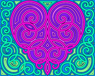 Swirly heart colored in pinks and purples on a swirly green and blue background