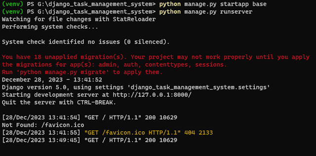 The Django server running with some errors in the terminal.