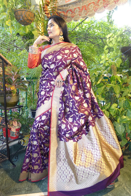 Banarasi ektara silk, jangla jaal sona rupa zari, plum colour