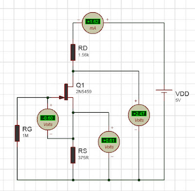 simulated circuit diagram of self bias JFET with gate resistor