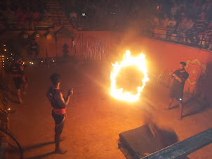 Kalaripayattu martial artists .Jumping through the ring of fire.