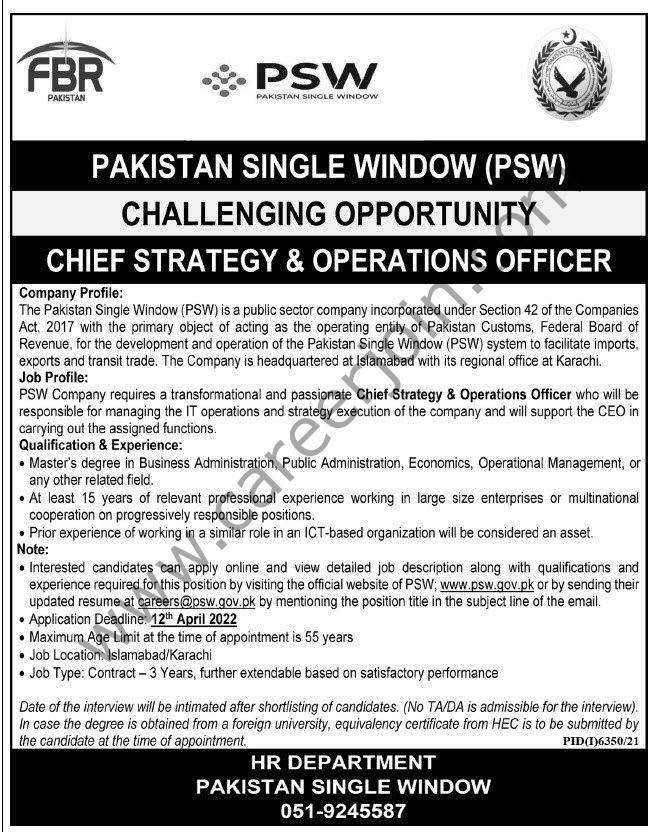 PSW Pakistan Single Window Jobs 2022 in Pakistan