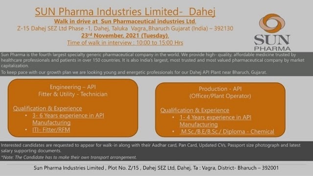 Sun Pharma | Walk-in for Production/QC/EHS/Engg on 23rd Nov 2021