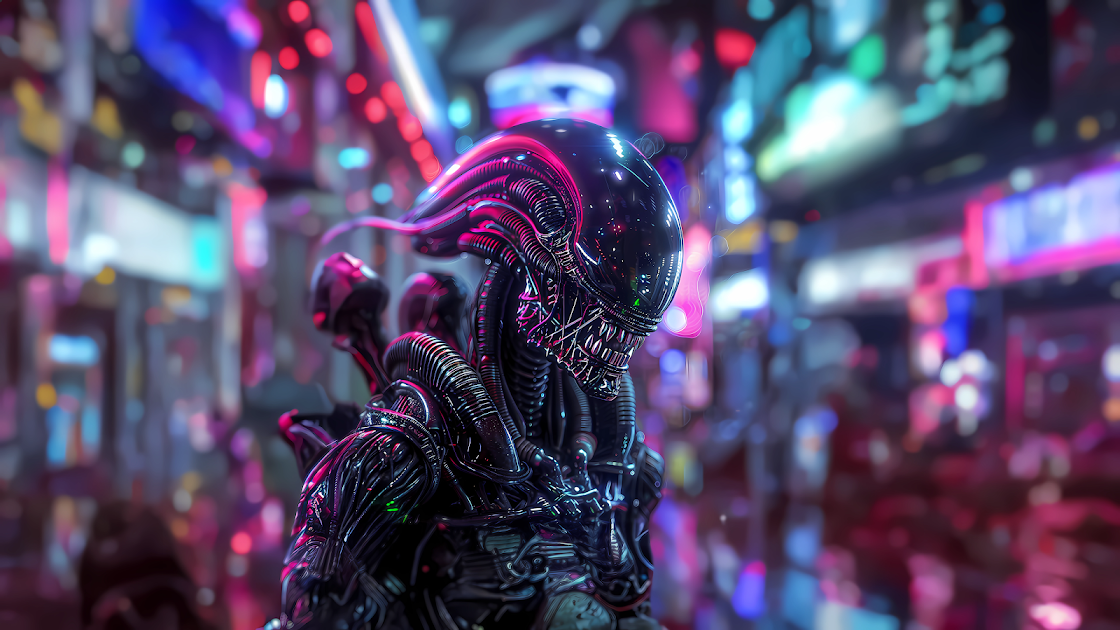 Futuristic cyberpunk interpretation of a Xenomorph with a reflective head and intricate mechanical details set against a neon-lit urban nightscape.