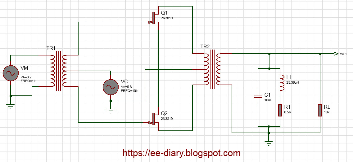 circuit diagram of an AM modulator build with two JFET transistor