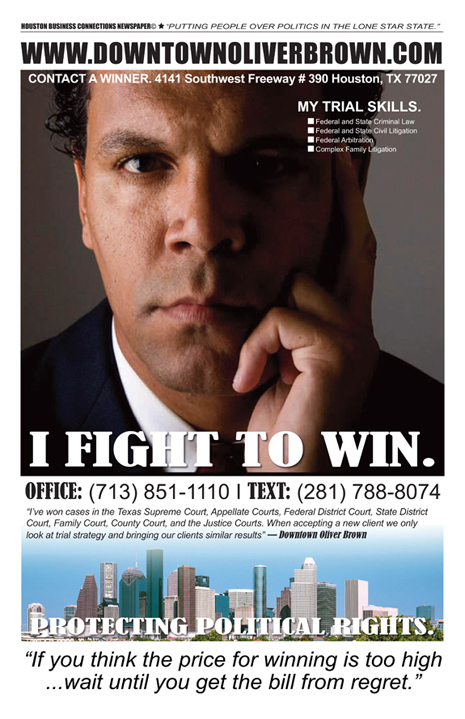 Attorney Downtown Oliver Brown featured on the back cover of Houston Business Connections Newspaper