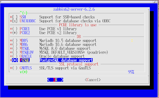 Screenshot of Zabbix install, with PostgreSQL highlighted. Other databases not highlighted.
