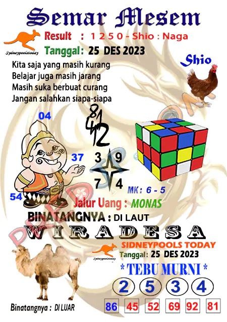 Prediksi Semar Mesem SDY Hari Ini JP 25 Desember 2023