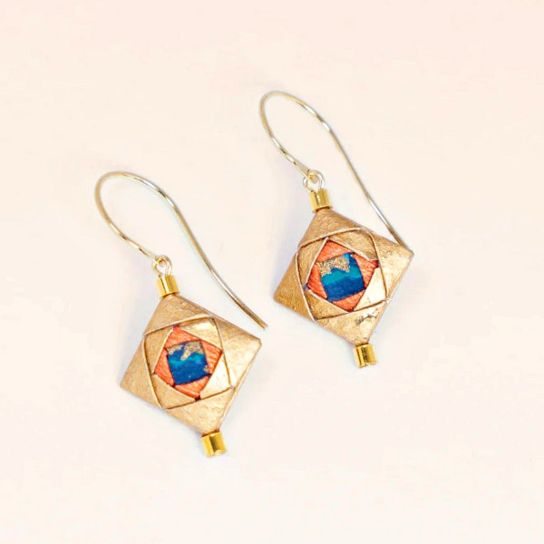 pair of square gold, blue, and peach folded paper earrings with ear wire hooks
