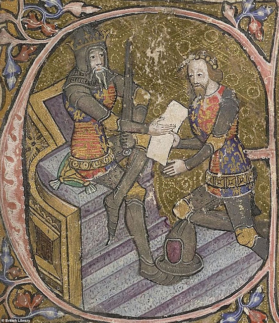 Эдуард дарован Аквитании его отцом королем Эдуардом III. Заглавная буква миниатюры "Е" 1390 г .; Британская библиотека