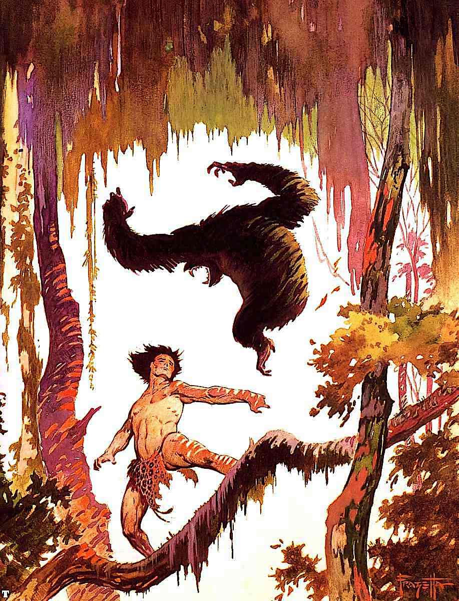 a Frank Frazetta illustration of Tarzan attacted by an ape