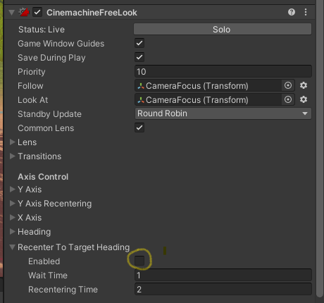 Unticking the 'Recenter to Target Heading' setting.