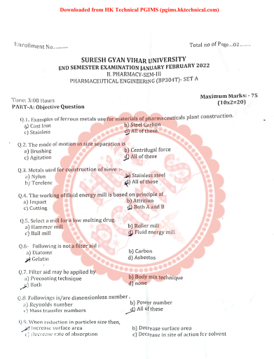 BP304T Pharmaceutical Engineering SGV University 3rd Semester B.Pharmacy Previous Year's Question Paper,BP304T Pharmaceutical Engineering,BPharmacy,Previous Year's Question Papers,BPharm 3rd Semester,