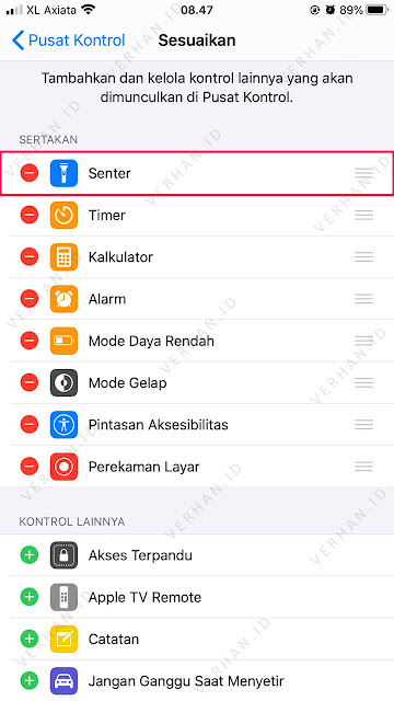 tambahkan senter ke pusat kontrol iphone