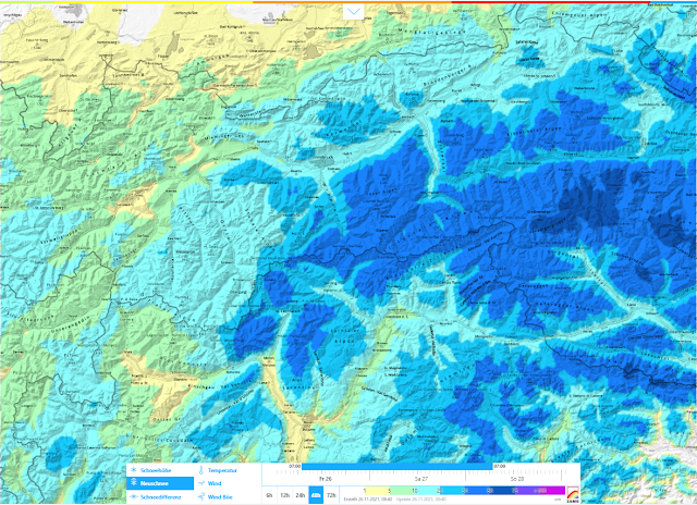 Sommatoria della neve fresca prevista nelle 48 h dal 26.11.2021. Nevicate più abbondanti dalle Alpi dello Stubai meridionali verso (sud)est.