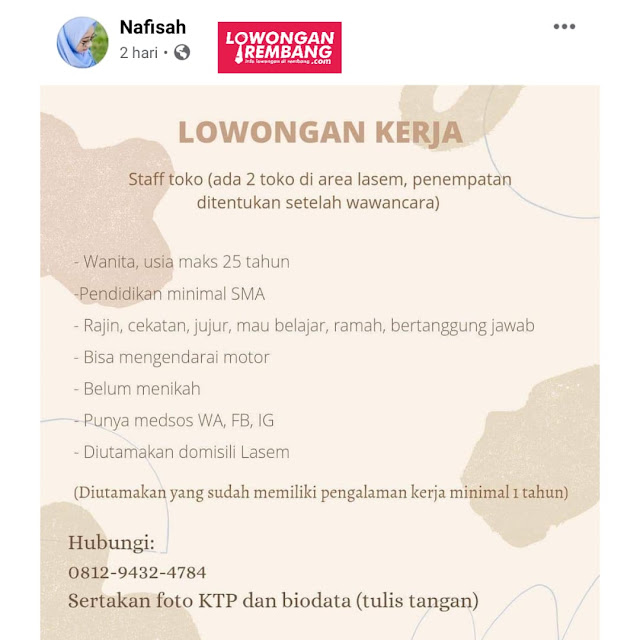 Lowongan Kerja Staff Toko Lasem Rembang