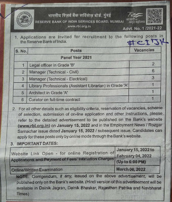 Reserve Bank of India Services Board, Mumbai  Applications are invited for recruitment of the following posts in the Reserve Bank of India: 1. Legal Officer in grade B 2. Manager Technical - Civil 3. Manager Technical- Electrical 4. Library Professionals, Assistant Librarian in grade A 5. Architect in grade A 6. Curator on full time contract Please check attached notification for more details.