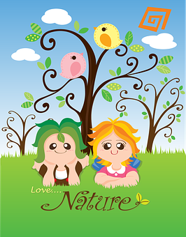 Cartoon drawing of two girls, some trees and birds with Love nature text