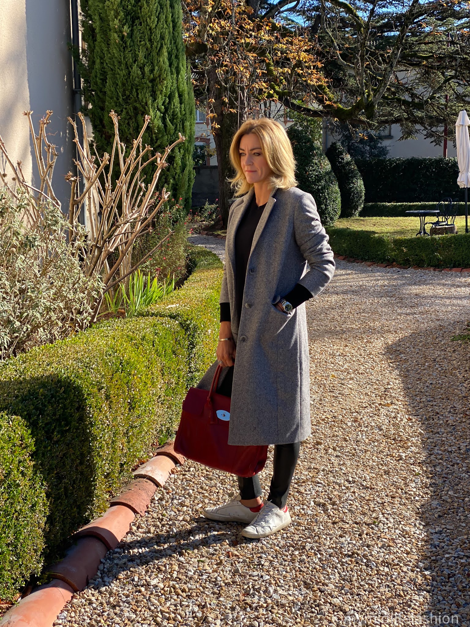 my midlife fashion, baukjen Indra recycled wool blend coat, mulberry bayswater tote, hush leather leggings, hush cashmere boyfriend jumper, golden goose superstar low top leather trainers