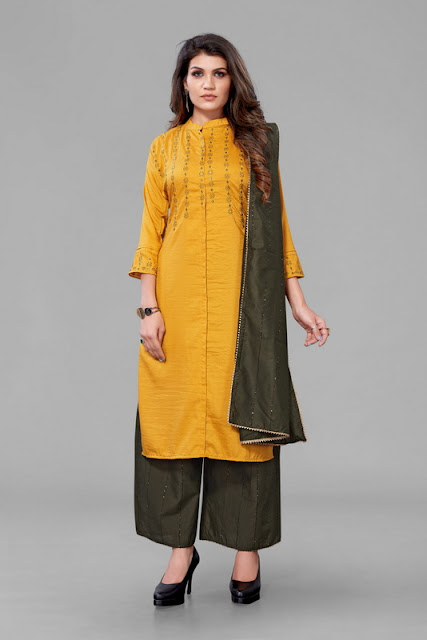 Mustard Embroidered Kurta With Palazzo and Dupatta