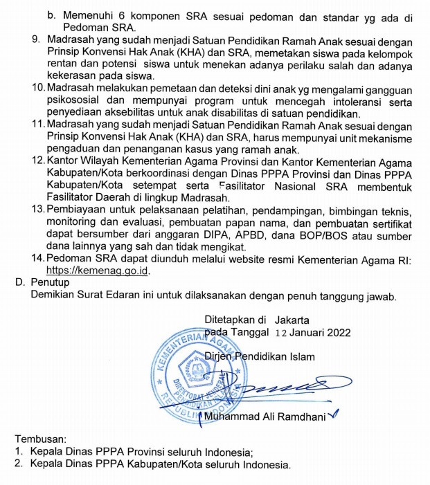 Surat Edaran Dirjen Pendis Kemenag Nomor B-86/ DJ.I /PP.03/ 01 TAHUN 2022 Tentang Penerapan Satuan Pendidikan Ramah Anak Pada Madrasah