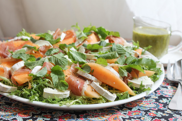 Food Lust People Love: This Melon Prosciutto Chèvre Salad is light, tasty and refreshing. The salty prosciutto goes perfectly with the sweet melon and creamy goat cheese, topped with the bright taste of the ginger mint dressing.