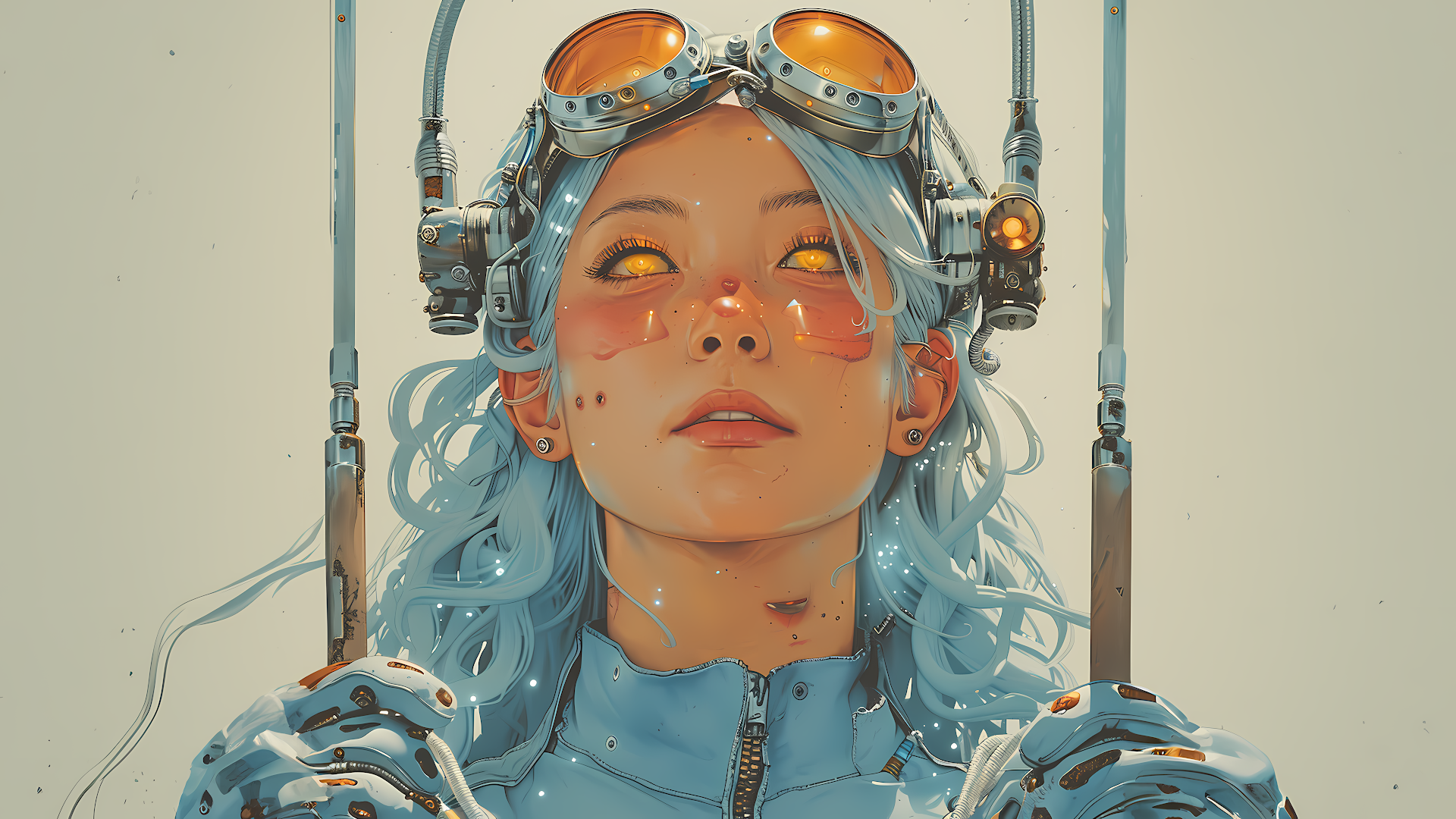 A close-up portrait of a young woman with white hair and yellow eyes, wearing a futuristic helmet and outfit. She has a determined expression and is looking upwards.