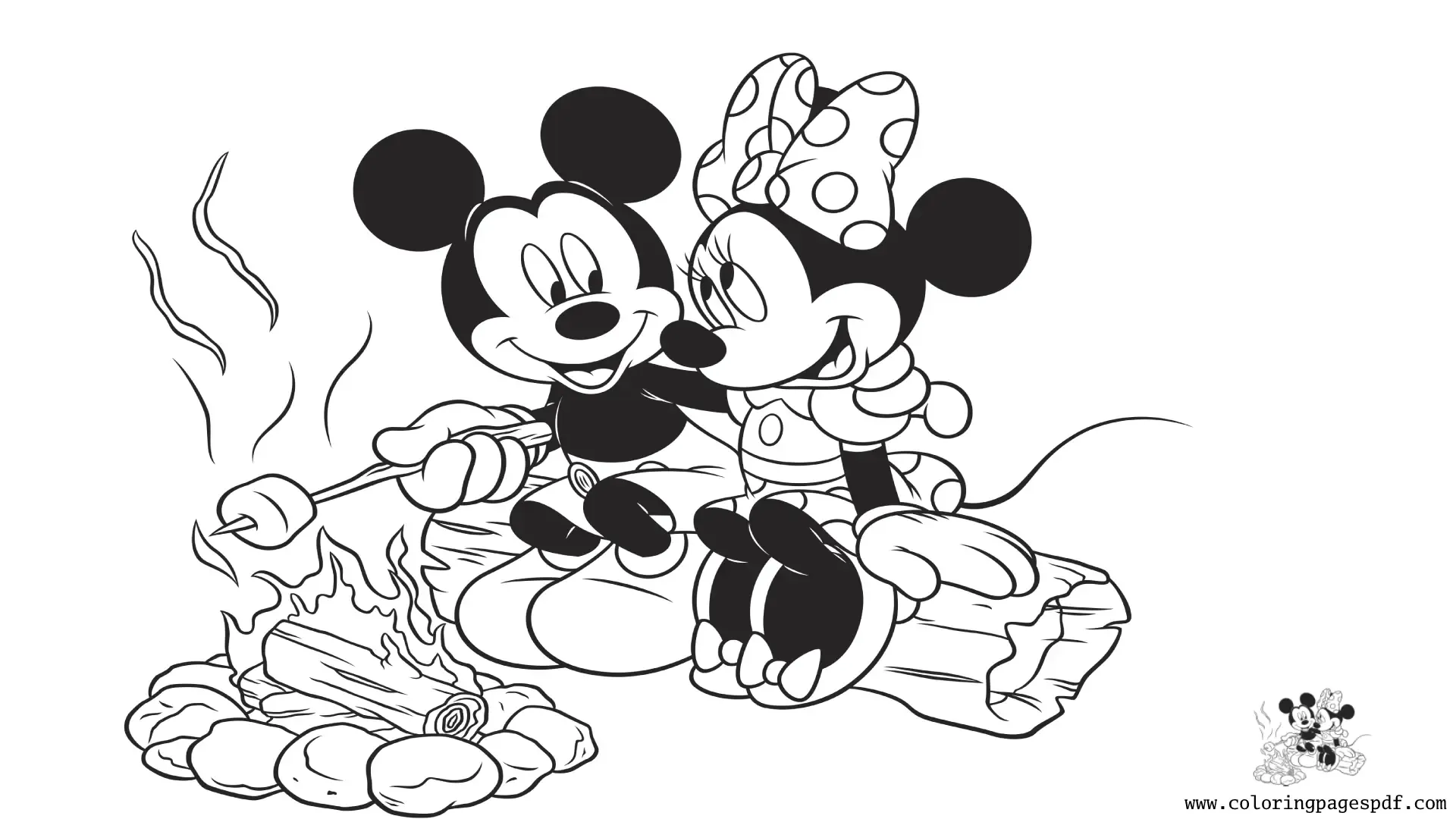 Coloring Page Of Mickey And Minnie Mouse By The Campfire