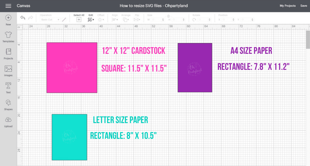 sizes of the square and rectanges for some paper sizes.