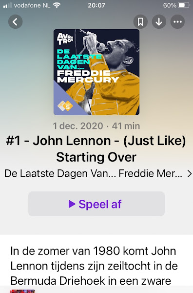 Screenshot van podcast 'De laatste dagen van John Lennon' met afbeelding van Freddie Mercury