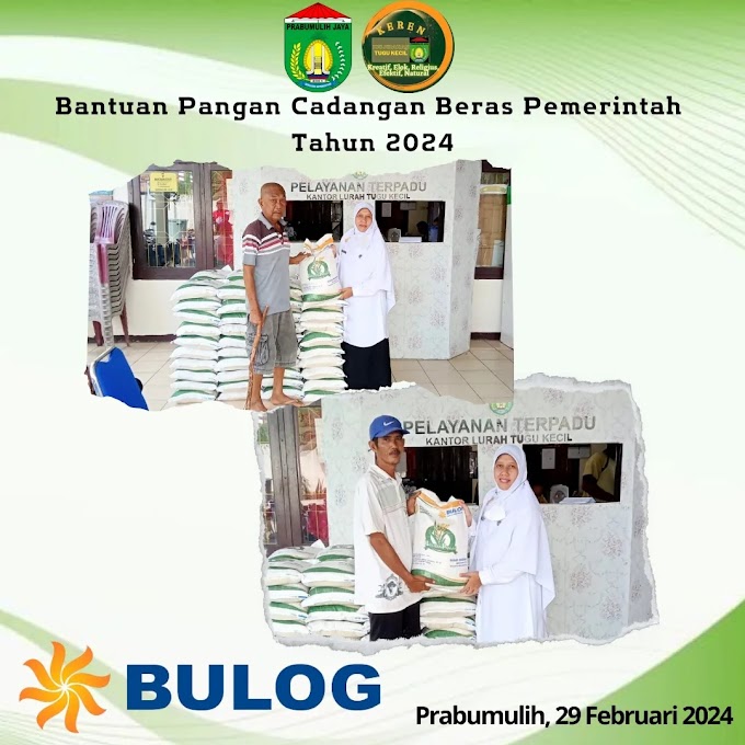 Penyaluran bantuan pangan cadangan beras pemerintah (CPB) beras bulog 10 kg dari Pemerintah Republik Indonesia, untuk warga kelurahan Tugu kecil kecamatan Prabumulih Timur. 