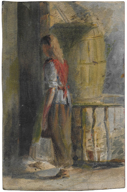 Untitled watercolour of a young woman carrying something into a building, (Young woman) by James Thwaite Irving.