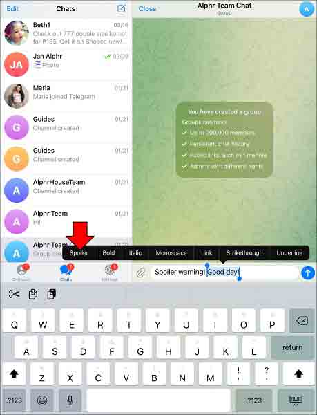 أين هو خيار Spoiler في Telegram iPad؟
