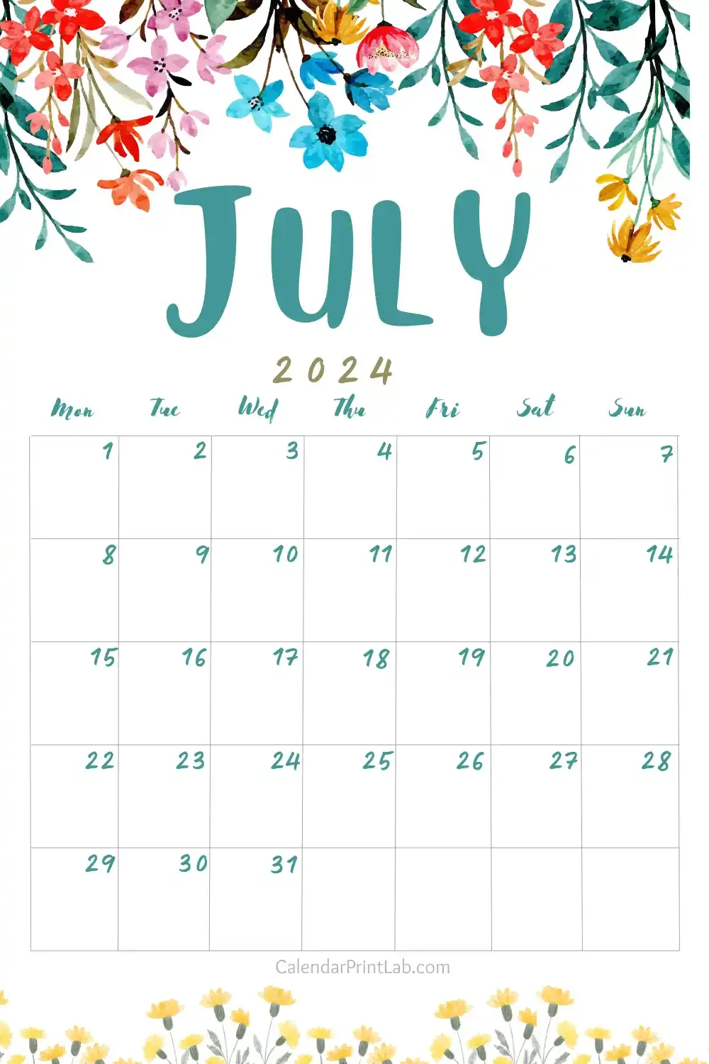 Beautiful July Flower Vertical Calendar