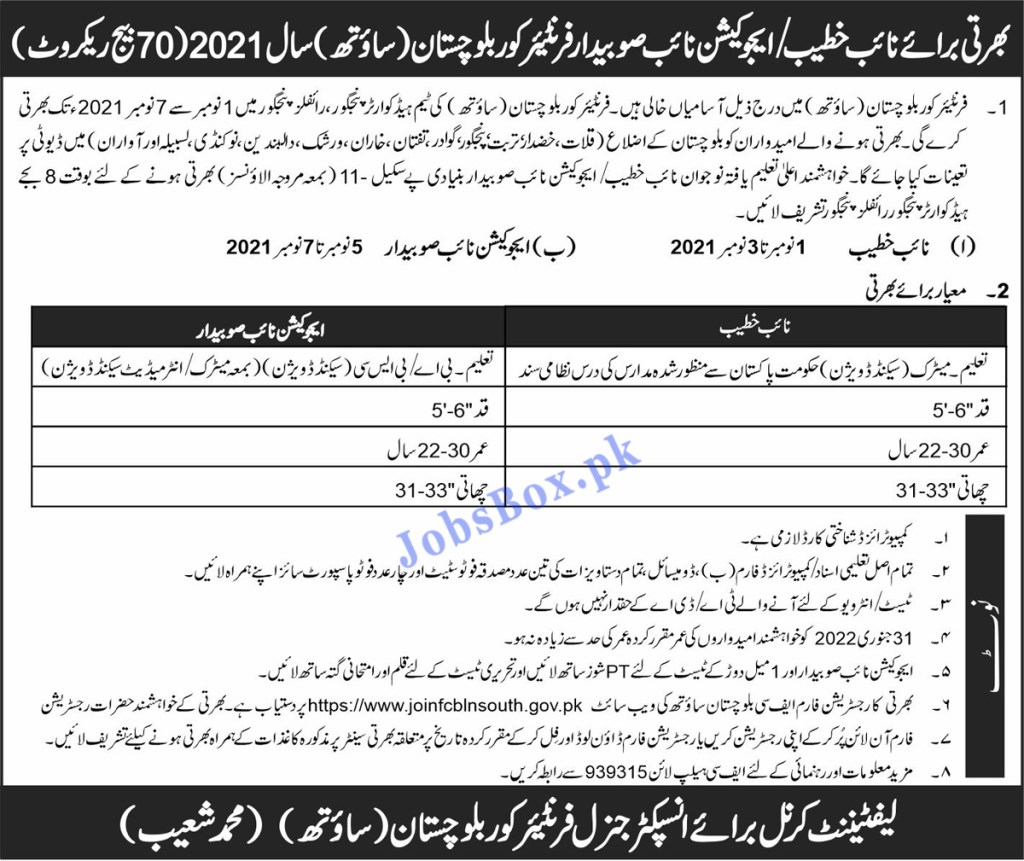 Join FC Jobs 2021 – Frontier Corps South Balochistan Jobs