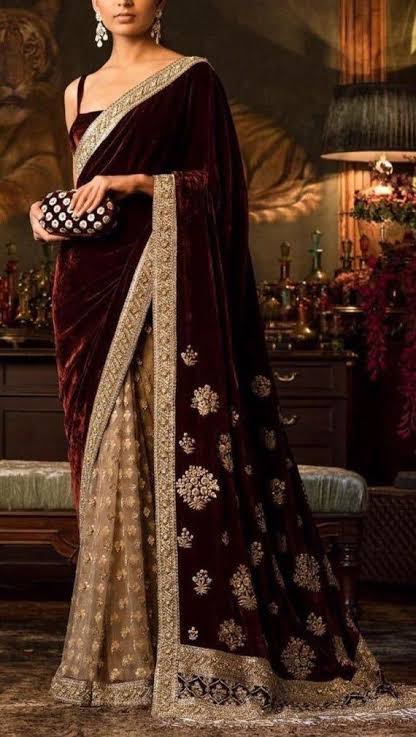 Maroon valvet  saree