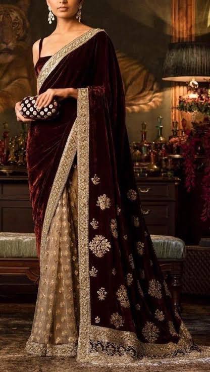 Maroon valvet  saree