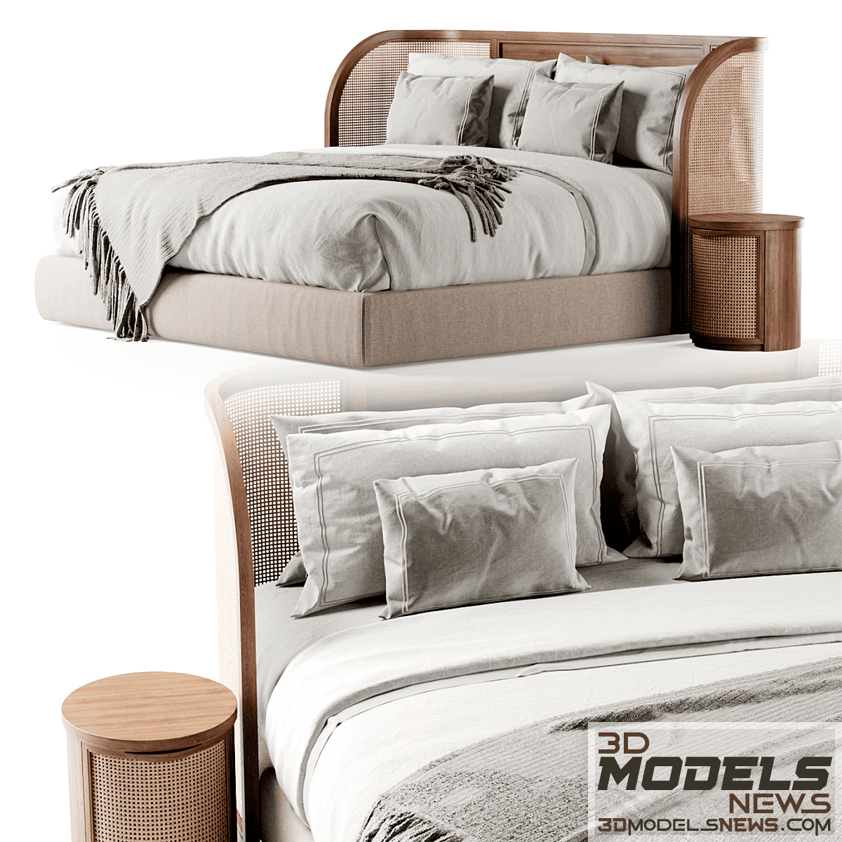 Wooden double bed rattan model 1