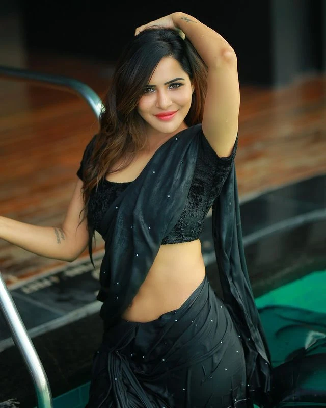 South Indian Actress Ashu Reddy  Hot Looking in Black Transparent Saree | flamingo9to99