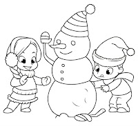 boy and girl build a snowman coloring page