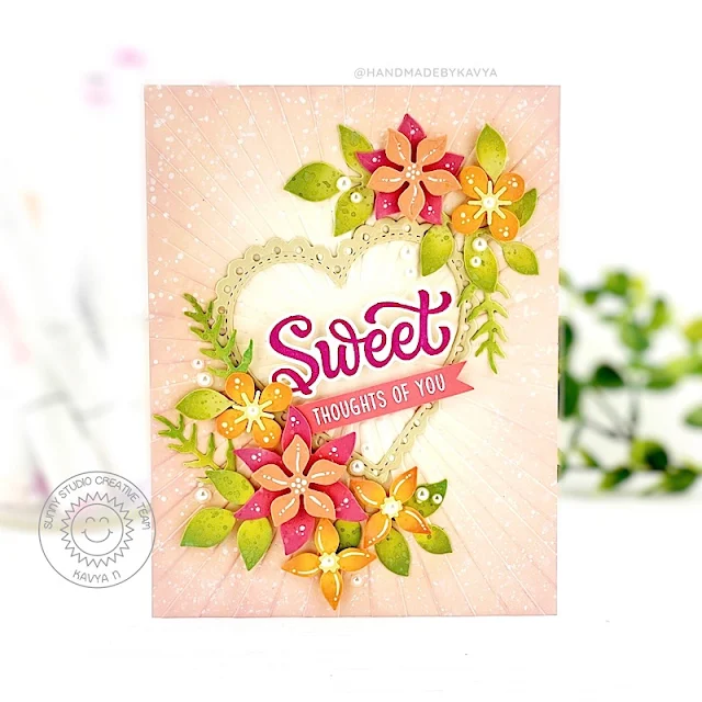 Sunny Studio Stamps: Spring Greenery Card by Kavya (featuring Scalloped Heart Dies, Stitched Heart Dies, Botanical Backdrop Dies, Window Quad Dies)
